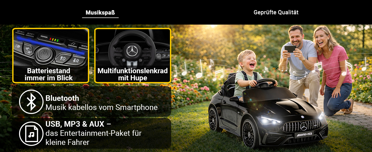 Musik, Sound & Entertainment für unterwegs Das Mercedes-AMG CLE 53 Kinder-Elektroauto sorgt mit Bluetooth, USB-, MP3- und AUX-Anschluss für abwechslungsreiche Unterhaltung während der Fahrt. Der Batteriestand lässt sich jederzeit bequem ablesen und das Multifunktionslenkrad mit Hupe sorgt für ein authentisches Fahrerlebnis. So werden jede Fahrt und jedes Abenteuer noch unterhaltsamer.